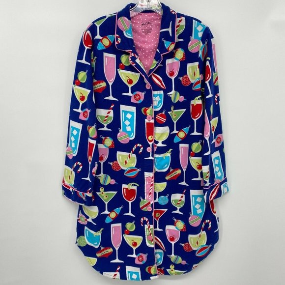 Nick & Nora Other - Nick and Nora Medium Blue Sleep Shirt Nightgown Flannel Christmas Cocktails Gown